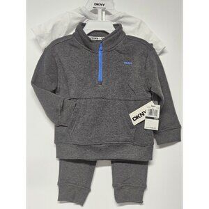 DKNY  18M, Set Of 3, Grey Pull Over Jacket/Grey Pants/ Crew Neck Logo T Shirt